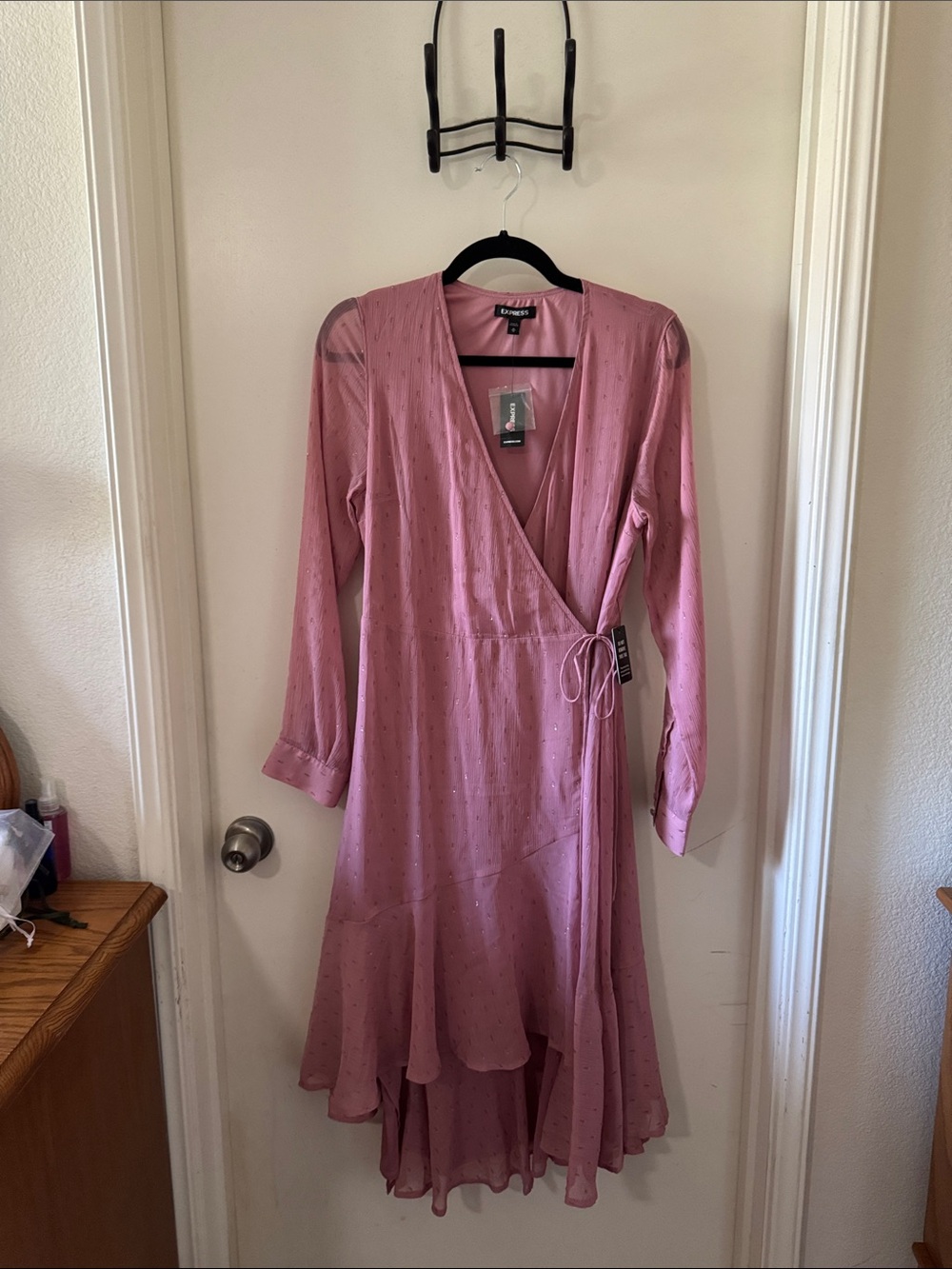 Express Dusty Rose Long Sleeve Wrap High-Low Dress